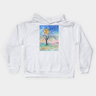 Rainbow tree landscape painting with a golden moon Kids Hoodie